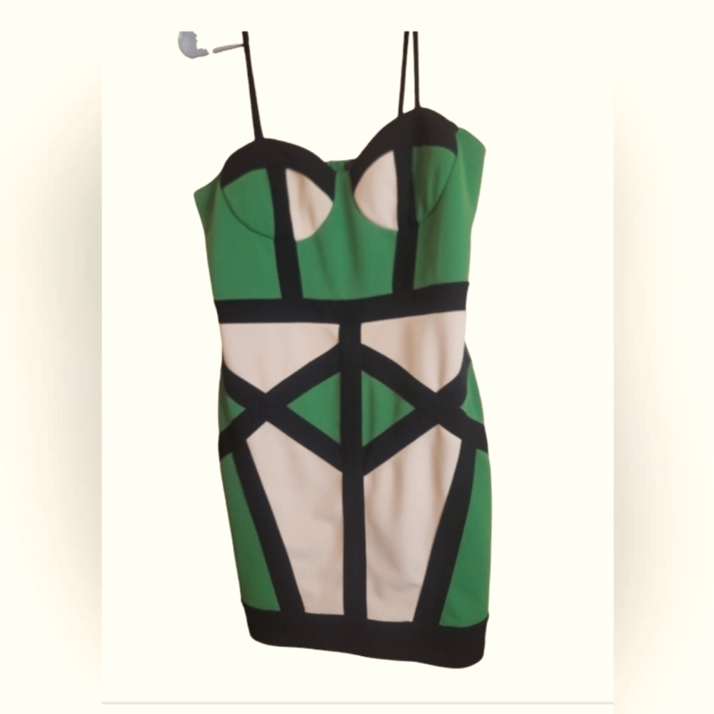 Gorgeous green beige and black color block dress midi